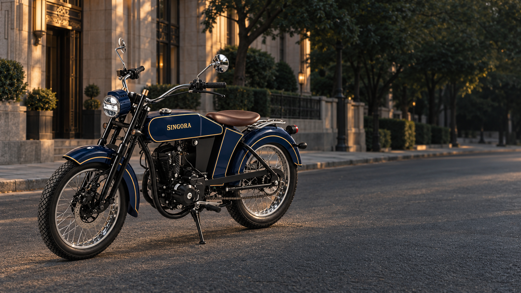 Singora Timeless 125 เบาะเดี่ยวสีน้ำเงินบนถนน ท่ามกลางอาคารกลิ่นอายยุค 1920 และต้นไม้สีเขียวเข้ม